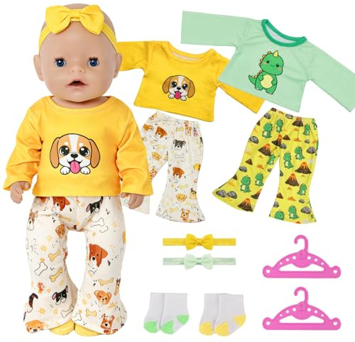 Atomvia Baby Doll Clothes 35–43 cm, 10-Piece Doll Outfit Set with Dinosaur and Dog Tops, Flared Pants, Headbands, Socks and Clothes Hangers, Doll Clothes Accessories for 14–17 Inch Dolls(Without Doll)