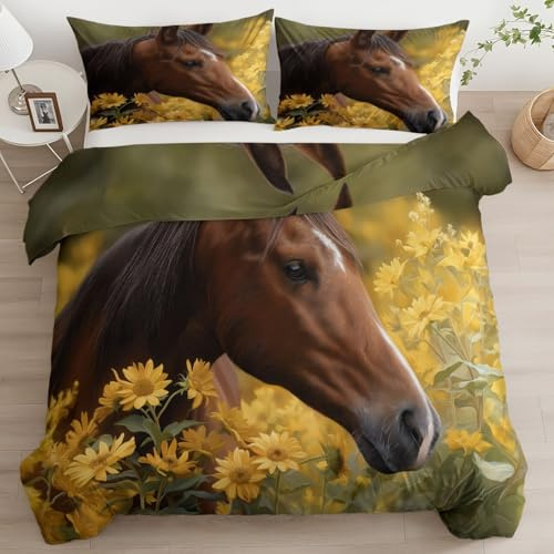 Juego de Ropa de Cama de 3 Piezas con Animales Botánico, Fundas con Caballo Café Floral Juego de Funda Suave Microfibra fácil Cuidado para Adultos Niñas, Amarillo