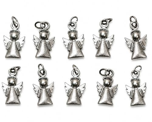 Silverpläterade skyddsänglar – lyckoberlock för smycken, dekorationer och festgåvor – nattvard, konfirmation, dop, bebis/flicka födelse – 1,7 cm – 1,7 cm – set med 10 delar