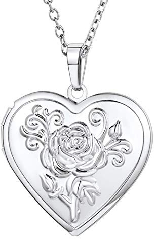 U7 Collana Donna Medaglione Portafoto Cuore Rosa Fiore Ciondolo Portafoto + Catena Regolabile Acciaio Inossidabile Collana Donna Cuore Apribile Argento Regalo per Natale Compleanno