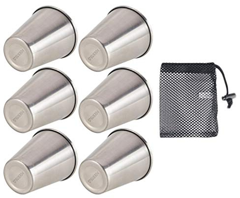 CLISPEED 6 Stück Schnapsbecher Edelstahl 100 ml Wiederverwendbar Wein Schnaps Bier Vodka Shotgläser Trinkbecher Metall Kleine Tasse mit Tasche Tragbar Outdoor Reisen Camping Bar Zuhause