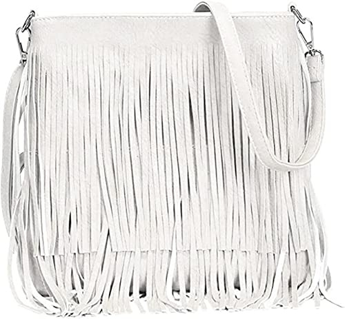 KIKFIT Women's Faux Leather Crossbody Bag with Tassel & Adjustable Strap (003 White)