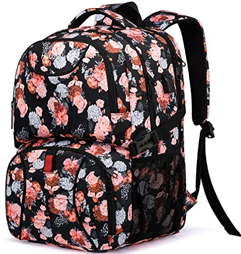Sac à Dos Femme Grand 50L, Sac à Dos Ordinateur Portable Sac à Dos Déjeuner Imperméable Sac à Dos Travail avec USB Charging Port, Sac à Dos de Voyage Affaires pour Scolaire Collège - Noir Rose