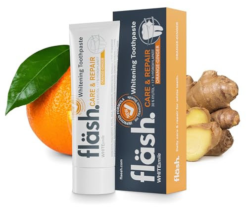 fläsh Zahnaufhellung | Zahnpasta für weiße Zähne | bleaching Zähne | Bleaching Zahnpasta | teeth whitening toothpaste | Whitening Zahnpasta | Zähne aufhellen | Made in Germany | Orange-Ingwer