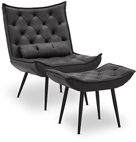 M MCombo Sessel mit Hocker, moderner Relaxsessel mit Taillenkissen für Wohnzimmer, Retro Vintage Lesesessel Loungesessel Stuhl Polstersessel, Kunstleder,4778 (Dunkelgrau)