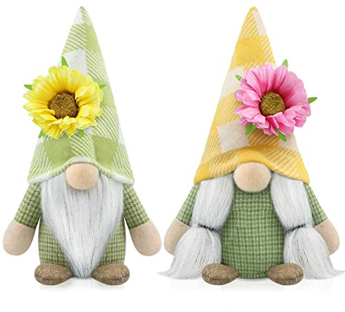 Godeufe 2er Set Sommer Wichtel Figuren Blume Frühling Dekoration Handgemachte Skandinavisches Tomte für Party Bauernhaus Home Tischdekoration (Gelb, Grün)