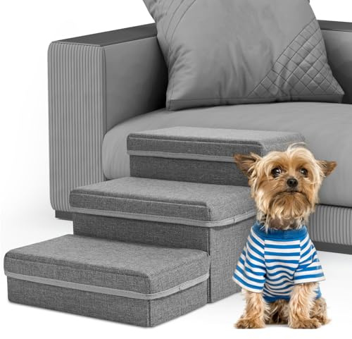Scaletta per Cani, Sunowl Pieghevole Scala per Cani a 3 Gradini, Scalette per Cani Letto Extra Larghi con Contenitore, Superficie Morbida Antiscivolo, Scaletta per Cani di Piccola Taglia Gatti