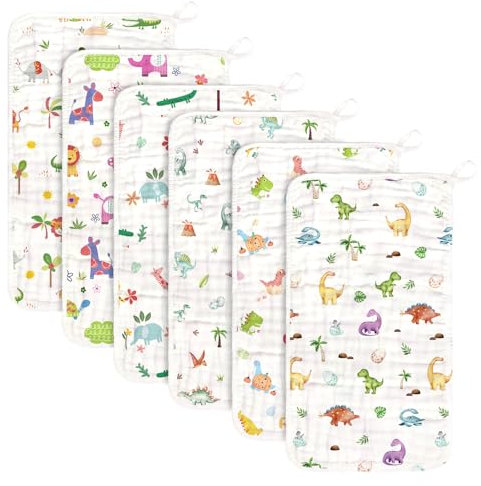 decalsweet 6 Stück Spucktücher Baby aus 100% Baumwolle, 50x30cm, Moltontücher Baby Weich Atmungsaktiv und Saugfähig, Mulltücher, Baumwollwindeln für Neugeborenen, Geschenk (Tier Dinosaurier)