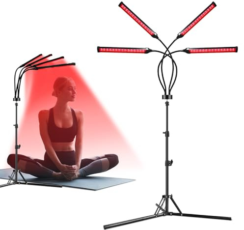 180 LEDs Red Light Lamp with Stand, 660nm & 850nm Infrared Lamp | 4-Head Full Coverage, Adjustable Height, 5 Brightness Levels, 10-30Mins Timer, Full Body Relaxation