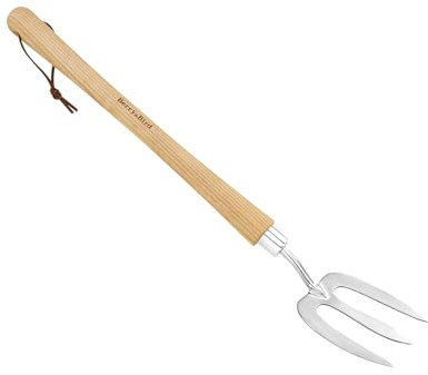 Berry&Bird Stainless Steel Border Hand Fork, Ergonomic Wood Handle and Leather Strap, Long Reach Gardening Tool for Weeding, Planting, Cultivating, Digging