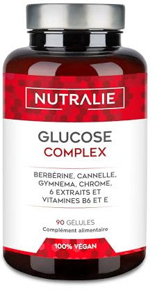 Glucosio Complex 2000mg - Controllo del Glucosio - Berberina Cromo Cannella Gymnema Pepe nero Melone amaro Vitamina B6 + E - Livelli normali di glucosio nel sangue - 90 capsule Nutralie