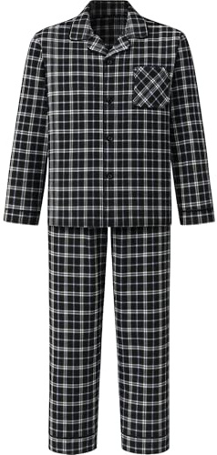 Mens Checked Pyjama Set Traditional Woven Sleeping Nightwear Top & Bottom Pyjamas Check Trousers & Shirt Set Pjs, Black, L