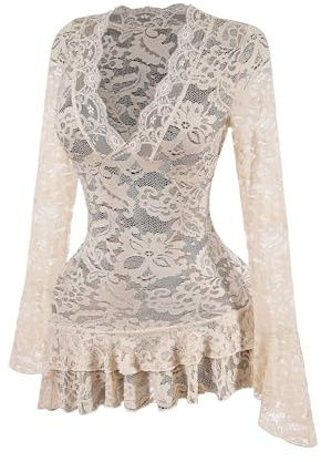 GORGLITTER Women's Lace Long Sleeves Mini Dress Sexy Y2K Flare Layered Ruffle Bodycon Night Out Party Dresses Apricot Medium