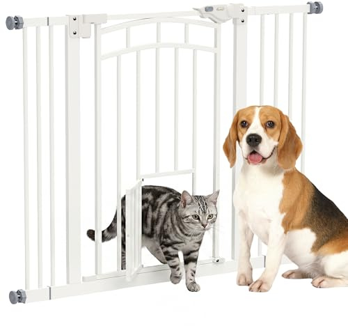 PawHut Barrera de Seguridad para Perros Extensible 74-100 cm, para Puertas y Escaleras, Barrera para Perros con Montaje a Presión, Puerta Pequeña y Doble Bloqueo, Blanco