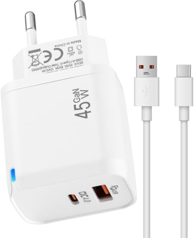 45W Chargeur USB-C Dual Port pour Samsung Galaxy S25Ultra/S24 Plus/S24 Ultra Google Pixel 10 Pro/10 Pro XL Adaptateur avec Indicateur LED USB-C USB-A câble 2M Compatible PPS PD4.0 Technologie GaN