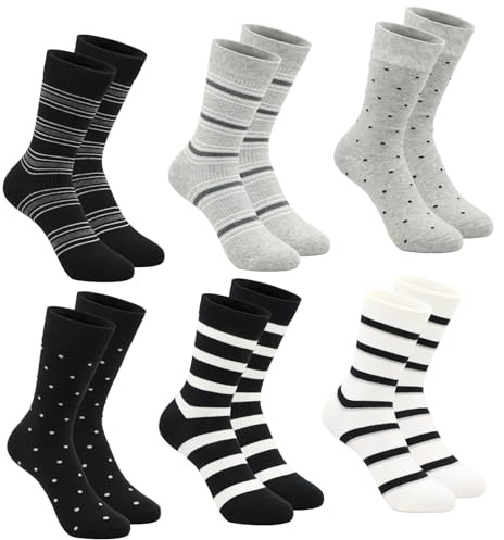 Soleeya 6 Pares Calcetines Mujer Algodon Rayas y Puntos Talla 35-39, Suave Multicolores Divertidos Calcetines Media Caña Rayas y Puntos Algodón para Mujeres y Niñas