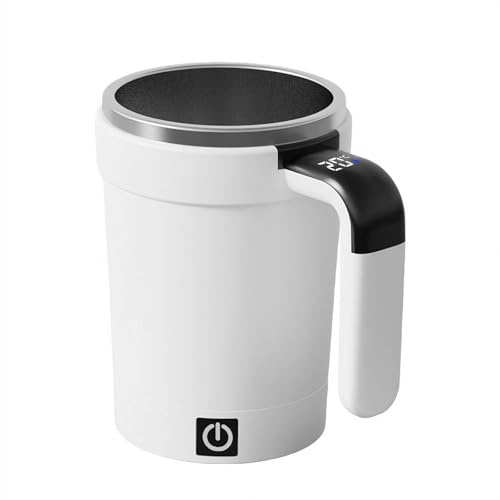 Automatic Stirring Coffee Mug with Temperature Display,13oz Rechargeable Magnetic Mixing Cup,USB-C Travel Tumbler for Protein Shakes,Coffee & Smoothies,Leak-Proof with Lid,Straw&Detachable Base(Whit