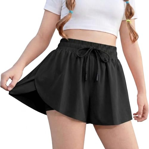 Girls 2 in 1 Sports Shorts with Pockets,Quick Dry Running Gym Shorts for Kids Age 6-13,Breathable Butterfly Tennis Shorts for PE Lessons,Dance,Gymnastics (UK, Age, 7 Years, 8 Years, Regular, Black)