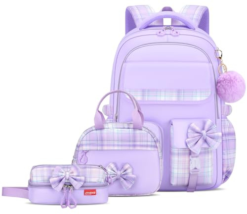 Tanou Skolväskensats för flickor - 3 delar - Med lunchväska och pennhölster - Trendig och söt skolväska för flickor i årskurs 2 till 5, Lila, 32 x 16 x 44 cm