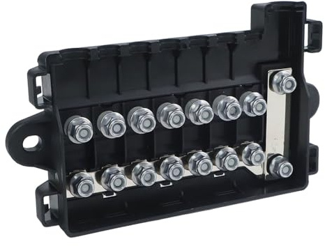 Lecreatekit Soporte de bloque de fusibles de coche de 7 vías, 32 V, 15 A-250 A para panel de fusibles midi para RV, barco, camión, terminal de distribución de batería de plástico negro con cubierta
