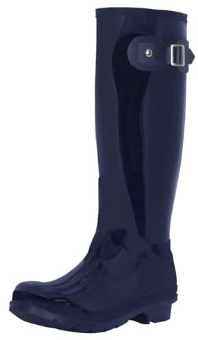 Women's Waterproof Wellington Boots - Rubber Outdoor Walking Wellies with Side Buckle - Comfortable Slip-On Rain Boots for Gardening, Dog Walking, Festivals & Everyday Use - Navy Gloss - UK7/EU40