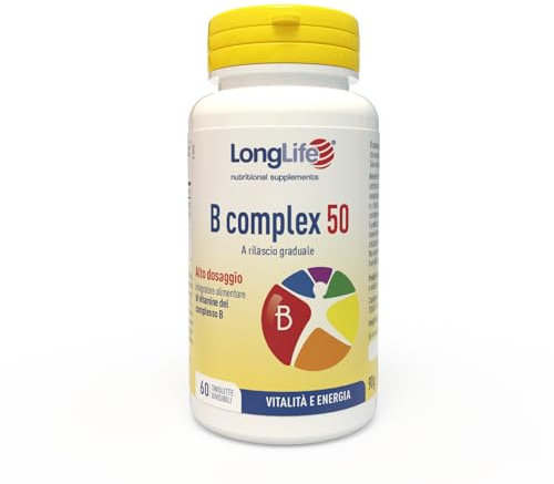 LongLife® B complex 50 | 11 vitamine del gruppo B | Formula completa alto dosaggio | Energia e difese immunitarie | Combatte stanchezza e stress | Senza glutine e vegano