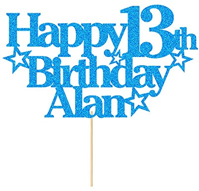 EDSG Personalised Happy Birthday Cake Topper Custom Party Decoration with Any Name Any Age Multicolour Glitter Cake Topper 13th 16th 18th 21st 30th 50th 60th 80th Hand Finished in UK (Blue)