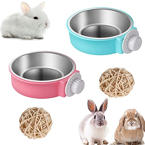 2 Pieces Rabbit Bowls Set, Removable Crate Big Pet Bunny Feeder Bowls Stainless Steel Hanging Bunny Food Dish for Big Rabbits Small Dog Cat Animals