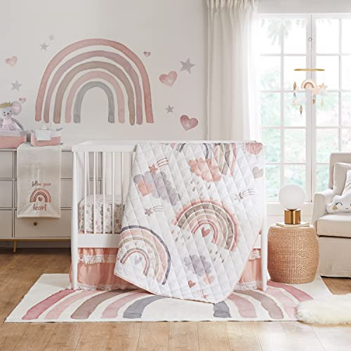 Levtex Baby - Over The Rainbow 4-Piece Baby Bed Set - Pink, Grey, Taupe, Tan and Coral - Includes Reversible Quilt, Rainbow Fitted Sheet, Pink Fitted Sheet, Wall Bed Skirt
