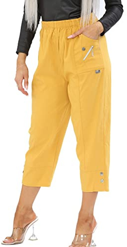 AFR Women Capri Trousers Cropped Pants Ladies 3/4 Three Quarter Length Stretch Pull On Elasticated UK Size 10-24 (Mustard, 18)