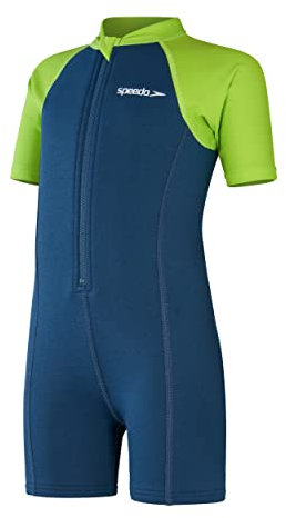 Speedo Jungen Essential Neoprenanzug zum Schwimmen Lernen | Schwimmunterricht | Weiche Haptik | Neopren Schwimmbekleidung, Harmony Blue/Green Lizard, 9-12M