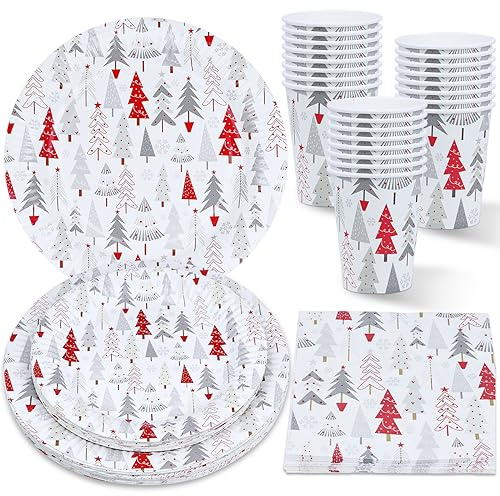 ZVK Piatti di carta, Tovaglioli e Bicchieri di carta usa e getta 96 pezzi Bianco Albero di Natale Festa di Natale, Festa di Capodanno, Set di Stoviglie per 24 persone