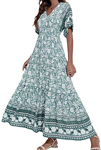 NNGOTD des Robes Longues pour Femme Été Bohème Chic Manches 3/4 Impression Maxi Robe Décontractée Robe Longue Elegante Robe De Plage Swing Robe Vacances Robe Cocktail XXL