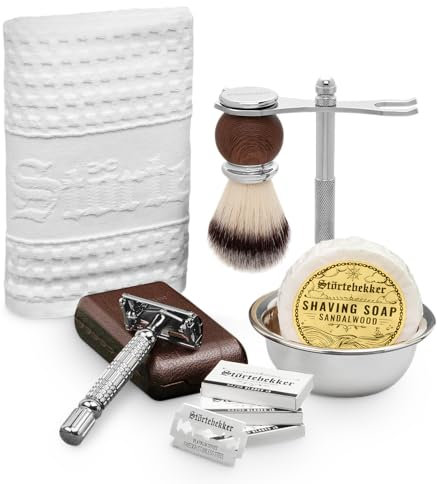 Störtebekker® Premium Genießer Set - Hochwertiges Rasierset für eine perfekte Rasur - inkl. Rasierhobel, Rasierpinsel, Rasierseife Sandelholz, Rasierschale, Rasierständer, Rasiertuch - Geschenkidee