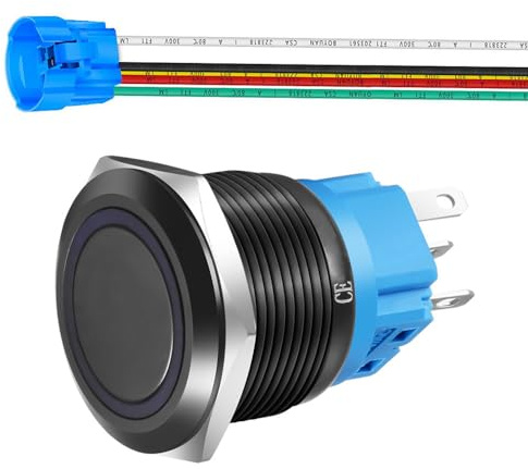 Gebildet 22mm 110V-220V Pulsante momentaneo in acciaio inossidabile da LED 1NO1NC SPDT ON Off Pulsante impermeabile con presa a filo Spina (LED blu e guscio nero)