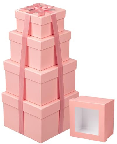 Briful Set di 4 scatole regalo quadrate con nastro, scatole regalo rosa con coperchio trasparente, scatole regalo in cartone per regali, piccole scatole di immagazzinaggio di dimensioni assortite,