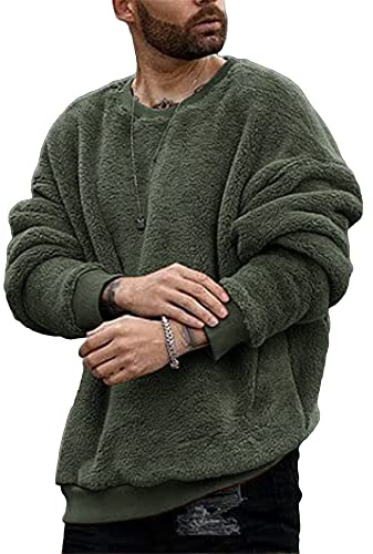 Runcati Men's Teddy Fleece Pullover Round Neck Fuzzy Tops Sweatshirt Lightweight and Windproof Winter Sweater Green L