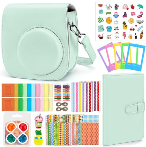 Eurhomewit Instantané Caméra Accessoires pour Instax Mini 12, Kit Comprend Housse Appareil Photo/Album/Cadres/Filtre/Autocollant Dessin animé/Autocollant de Bord and Coin - Vert Menthe