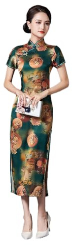 ZNLFS Women's Cheongsam Traditional Chinese Dress Side Slit Slim Fit Midi Dress Mandarin Collar Short Sleeve Qipao (UK, Numeric, 12, Regular, Regular, Green)