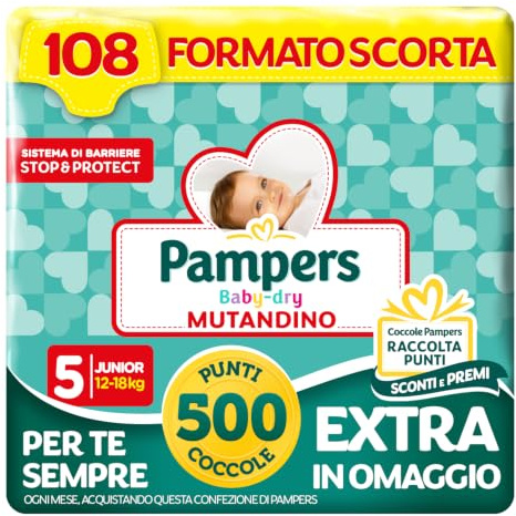 Pampers Baby Dry Mutandino Junior, Taglia 5 (12-18 kg), Formato Scorta, Barriera Stop&Protect, Anti-Fuoriuscite, Fascia Elastica, Asciutto 12h, Cambio Facile, 108 Pannolini Bambino + 500 Punti Omaggio