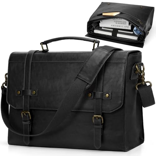 RAINSMORE Aktentasche Herren Wasserdicht Umhängetasche Laptoptasche 17,3 Zoll Messenger Bag Vintage Arbeitstasche Männer für Geschäft Arbeit Schule Schwarz