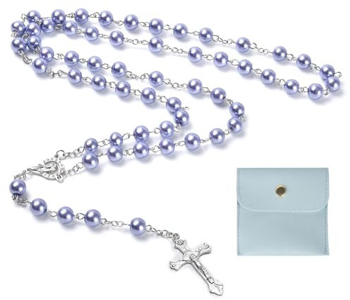 Calkkrer Katholischer Rosenkranz, Rosenkranz zur Kommunion mit Retro-Kreuz,Samt Geschenkbeutel Elegante Kreuz.Taufe Kommunion Hochzeit Kommunion Party(Blasslila)