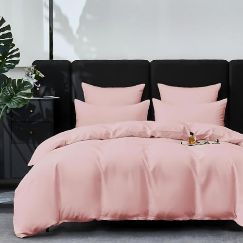 YASMENG Ropa de cama de satén, 220 x 240 cm, color rosa, 100 % algodón de fibras largas, refrescante, satén Mako, ropa de cama suave y transpirable, de seda, juego de 3 piezas con cremallera y 2