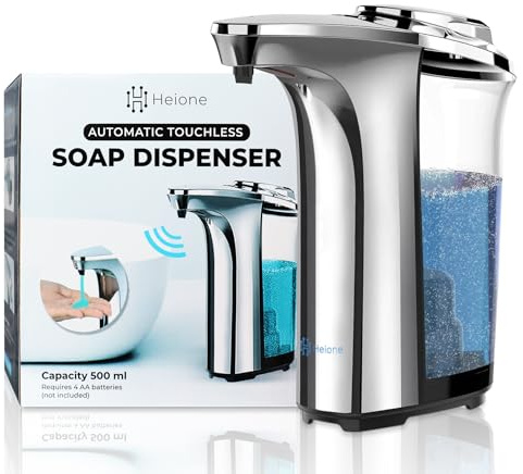 Heione Automatic Soap Dispenser Touchless - Battery Operated Sensor Liquid Soap Pump for Kitchen Sink & Bathroom - Silver Glossy Color, 5 Adjustable Levels, IPX4 Waterproof, 17oz / 500ml