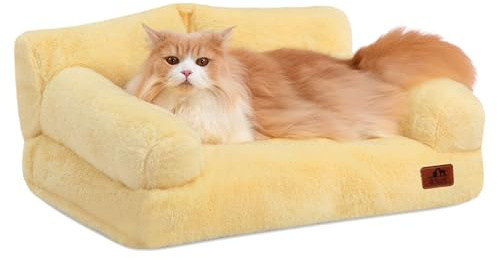Hollypet Fluffy Dog Cat Bed Pet Couch Beds Plush Soft Warming Washable Puppy Bed for Small Medium Dogs and Large Cats, Yellow, 24 L x 18 W x 10 Th
