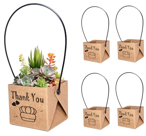 ALLWSLucky 50 Pcs Mini Cajas De Suculentas, 5,1 cm Maceta de papel para plantas suculentas, Bolsas para Envolver Suculenta, Envoltorios de suculenta con asas de plástico (Marrón, 50pcs)