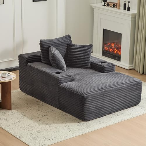 66 Oversized Chaise Lounge Sofa Chair Indoor, Modern Corduroy Single Sleeper Couch Chair with 3 Soft Pillows＆Cup Holder, Boneless Cloud Couch Single Seat Sofa Bed for Living Room Office (Dark Grey)