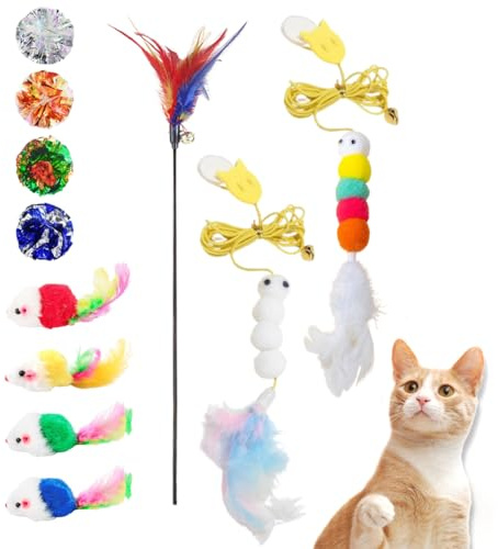 ZORVYN Lot de 11 Jouets pour Chat, Peluche et Accessoires interactifs, Souris en Peluche, Boule Crinkle, Plume Porte, Canne à Chat