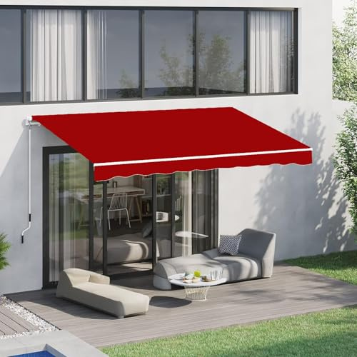 Tenda da sole manuale retrattile per patio, 5 x 1,5 m, protezione UV, impermeabile, per esterni, con manovella, colore rosso, ideale per balconi e terrazze. Design con braccio articolato.