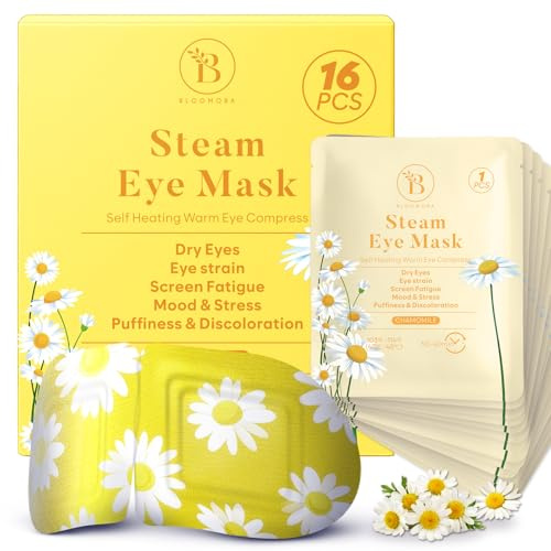 Lot de 16 Masque Chauffant Yeux à la Camomille – Masque Chauffant Vapeur pour Relaxation, Patch Yeux Secs, Poches et Fatigue – Compresses Auto-Chauffantes Jetables pour le Sommeil et les Voyages
